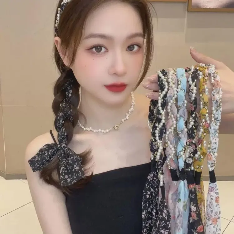 珠链外出气质编发法式布艺发箍飘带长条碎花辫发珠珠精致头饰优雅