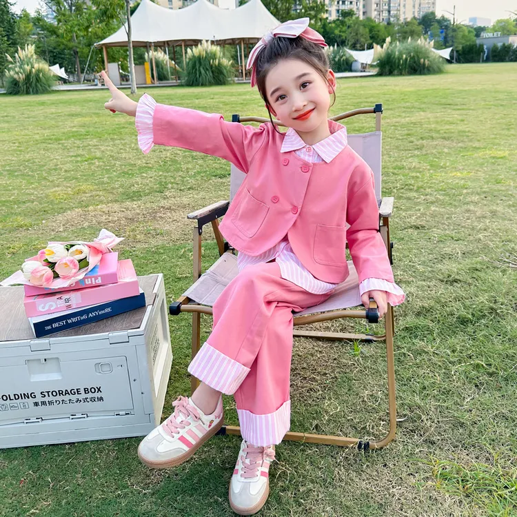 女宝宝蝴蝶结套装春秋时尚女童假两件上衣洋气阔腿裤两件套小女孩