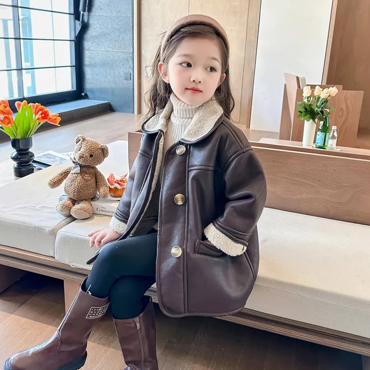 女童加绒皮衣秋冬时髦女宝宝一体绒加厚外套韩版小女孩冬装上衣潮