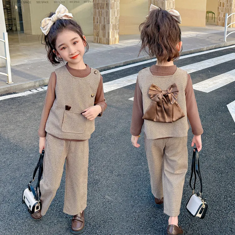 女童洋气蝴蝶结套装时髦春秋款女童马甲阔腿裤三件套时尚小女孩潮