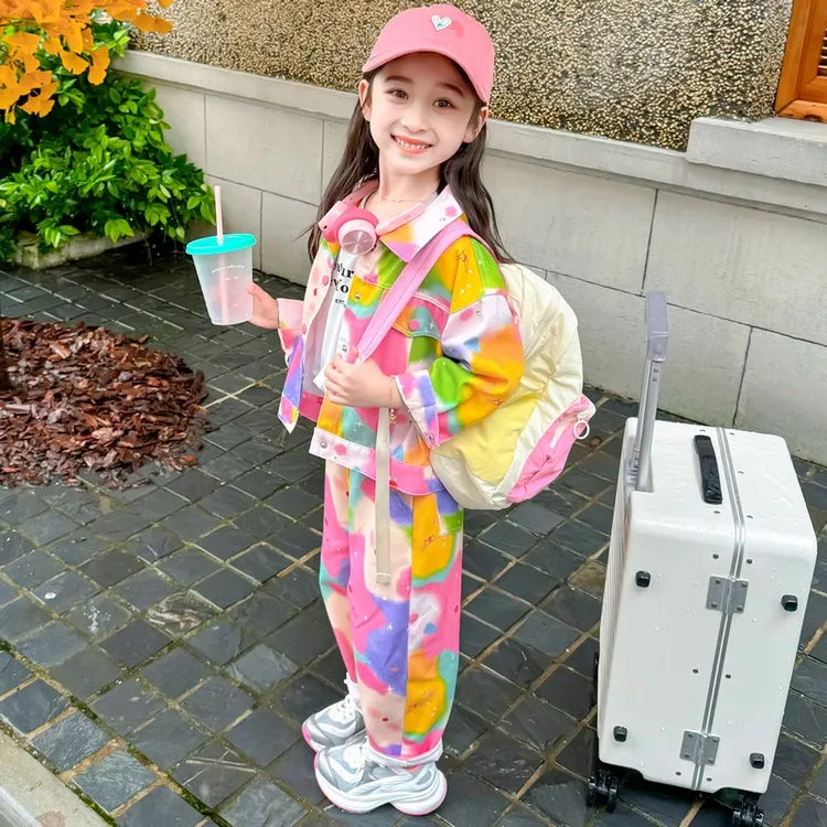 女童扎染牛仔套装春秋款时尚女宝宝外套休闲两件套韩版小童运动装
