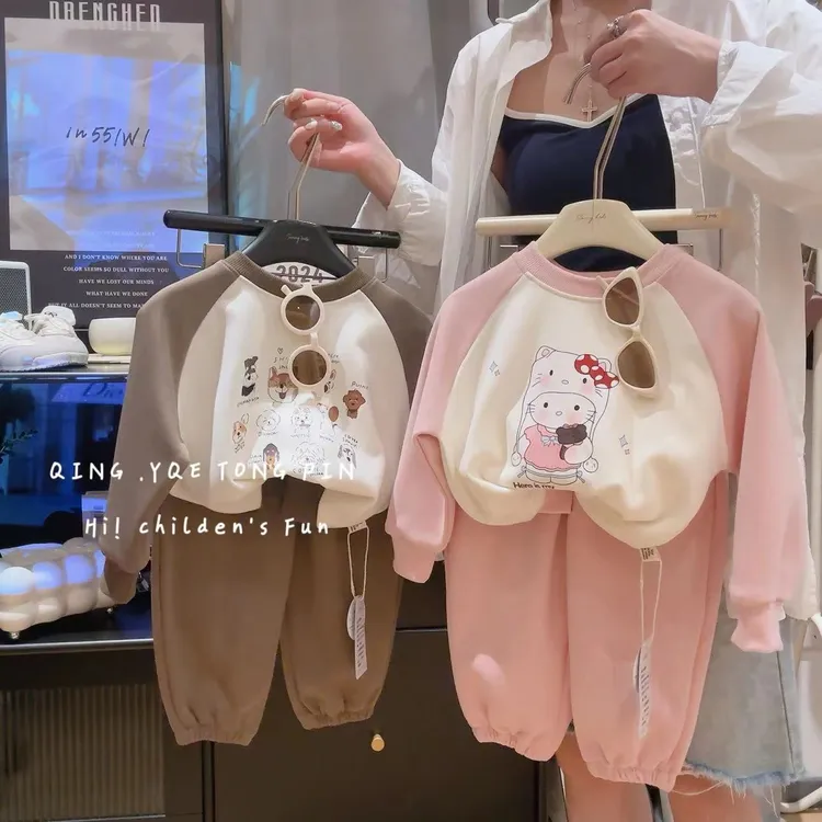 春季新款儿童卫衣套装男女童卡通圆领洋气运动休闲卫衣卫裤两件套