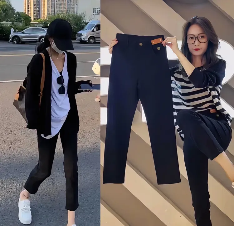 欧货烟管小黑裤女修身显瘦弹力九分裤百搭 直筒裤小个子裤子5021