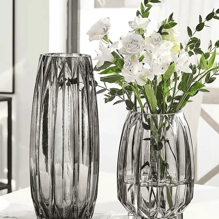 创意彩色透明百合花器客厅大号水养插花花瓶摆件简约竖棱玻璃花瓶