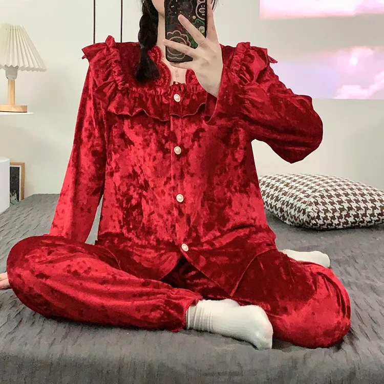 金丝绒睡衣女春秋款长袖开衫高级感网红宫廷风冬天新款家居服套装