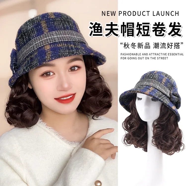 假发帽子一体式时尚时尚女短卷发秋冬梨花烫渔夫帽