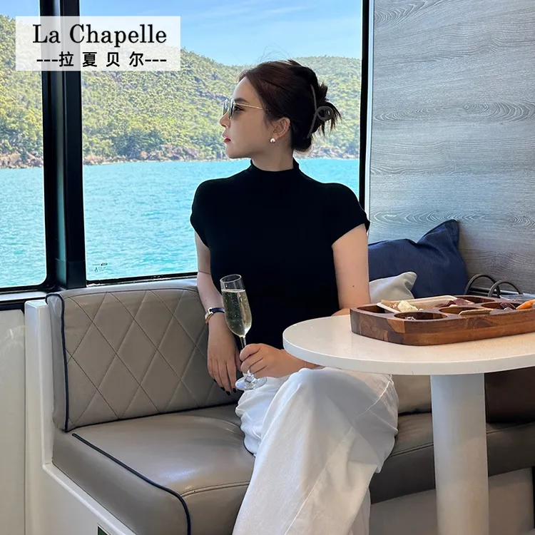 拉夏贝尔JS黑色正肩短袖t恤女春秋修身显瘦气质半高领打底衫上衣