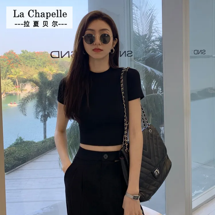 拉夏贝尔JS正肩短款上衣短袖T恤女露脐夏季修身百搭高腰ins打底衫