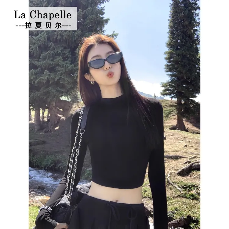 拉夏贝尔JS圆领打底衫女短款秋薄款长袖棉质T恤内搭紧身露脐上衣