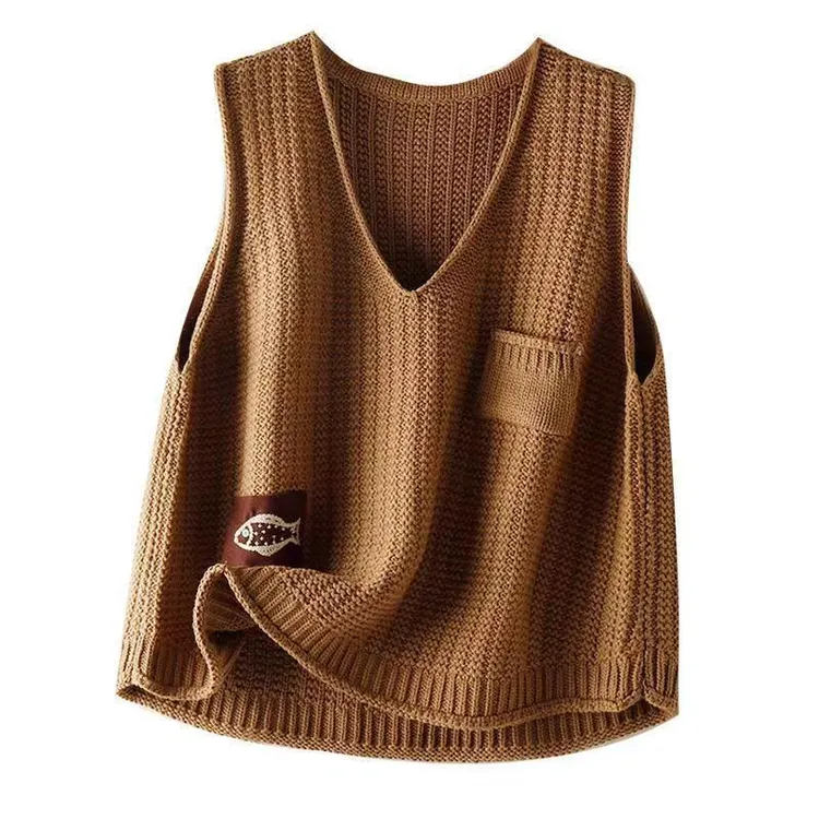 品牌折扣女装V领针织马甲秋冬新款绣花毛衣背心叠穿马夹短款宽松