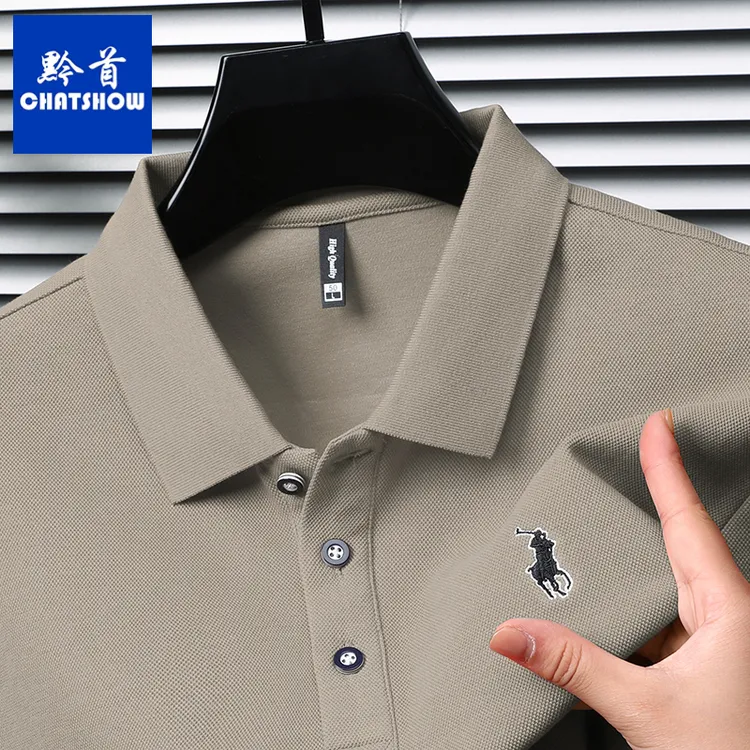 100%纯棉男士长袖刺绣翻领T恤秋季新款翻领宽松t恤衫高档舒适卫衣