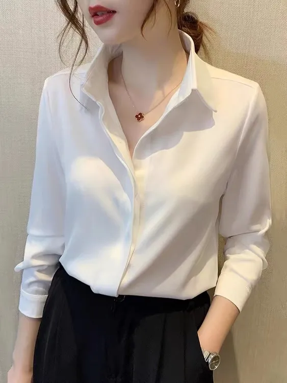 时尚百搭缎面方领女士长袖衬衫知性优雅衬衫女2025新款爆款洋气