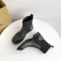 现货，断码】ED1519A/2cm牛皮针织袜靴女秋冬瘦瘦靴圆头及踝短靴