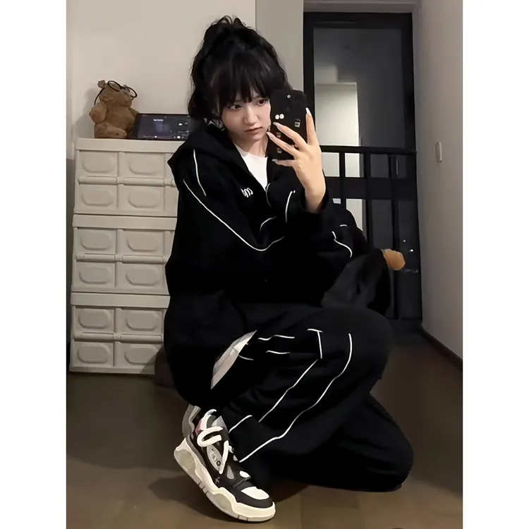 韩版学生宽松休闲运动套装女秋冬季时尚大码跑步服两件套连帽卫衣