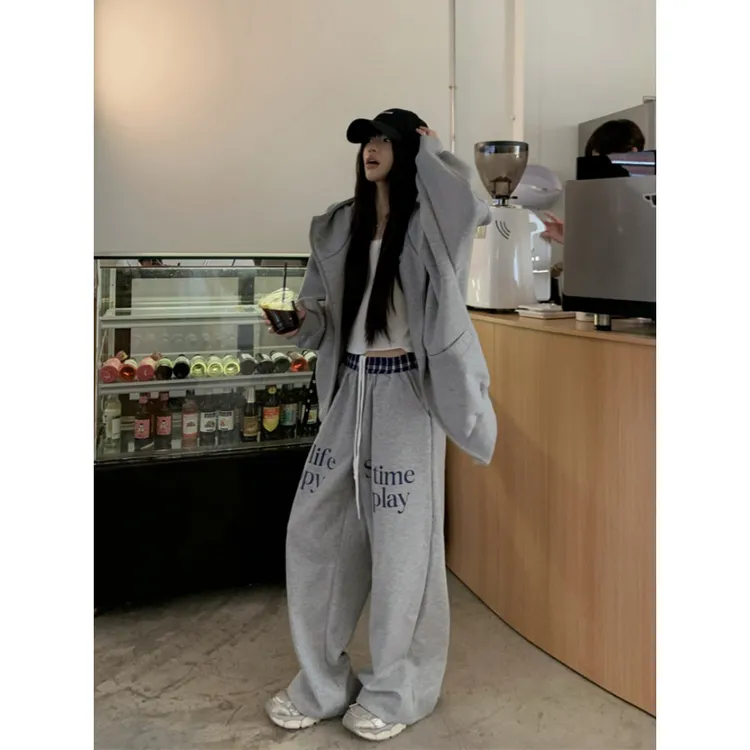 慵懒高级感休闲运动套装女秋冬季美式网红炸街连帽外套长裤两件套