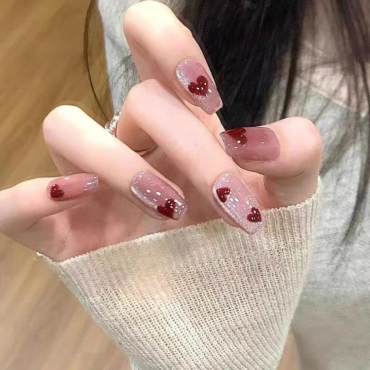 【心动频率】手绘猫眼纯手工穿戴甲光疗美甲酒红爱心温柔气质显白