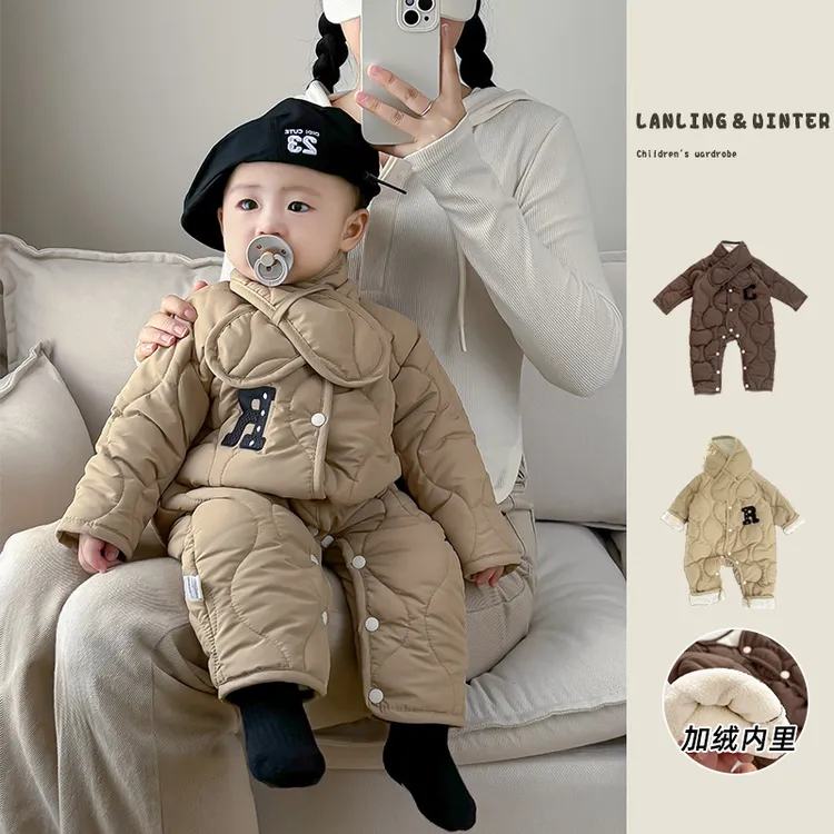 婴儿连体衣冬装绗棉外出棉服韩版男童宝宝加绒保暖棉衣爬服送围巾
