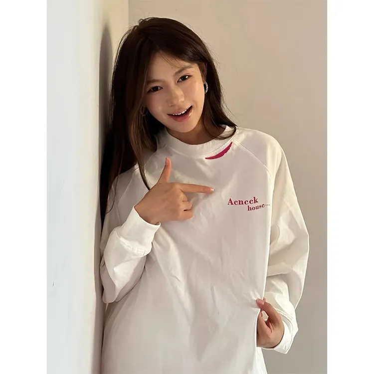 美式潮牌长袖女秋季幻影字母印花白色圆领t恤打底衫宽松情侣上衣