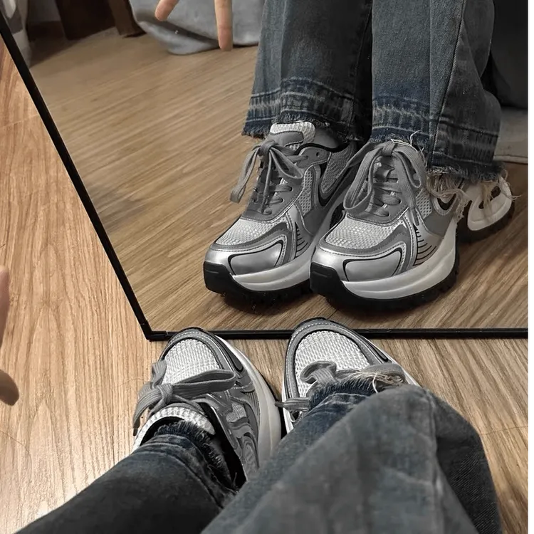 赵露思同款2024厚底潮流银色爆款老爹鞋女网鞋透气休闲增高运动鞋