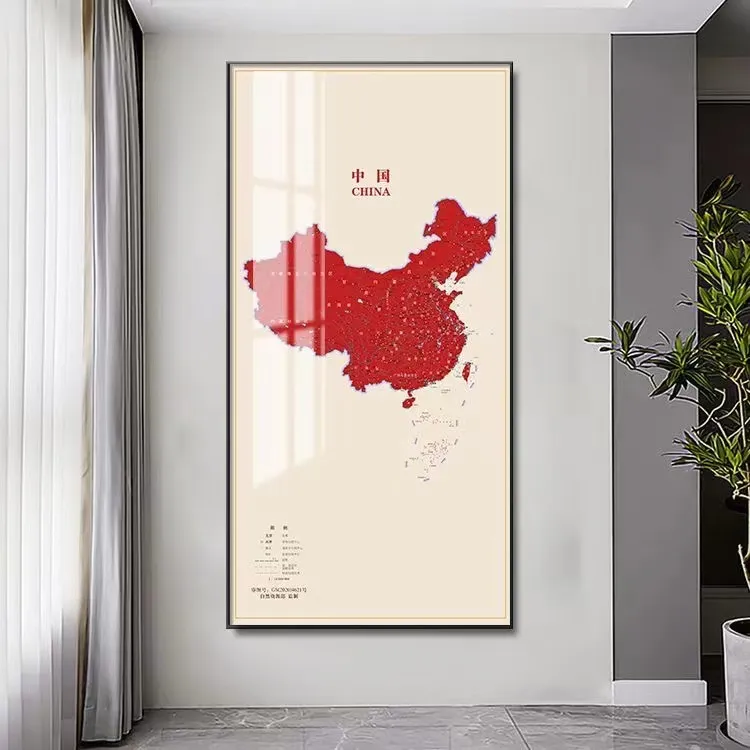 中国简约版地图装饰画办公室挂画客厅入户门竖版玄关装饰画壁画