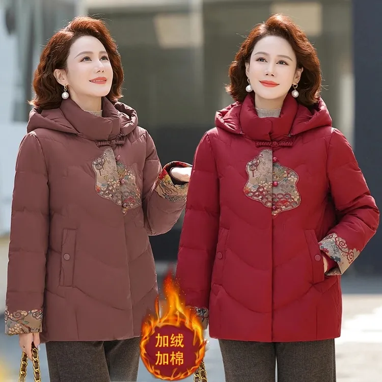 时尚妈妈冬装棉衣加绒加厚保暖外套国风连帽棉袄中老年人女装