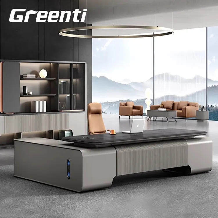 Greenti老板桌时尚大气办公桌双柜大班台带背景柜老板办公室家具