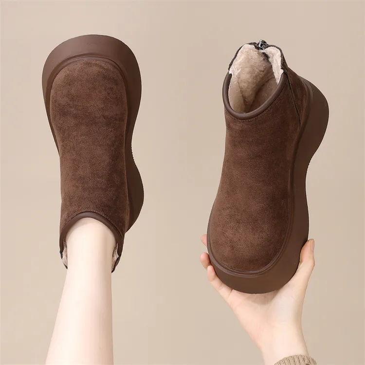 厚底磨砂短靴女复古低帮2025年冬季新款加绒后拉链防寒保暖雪地靴