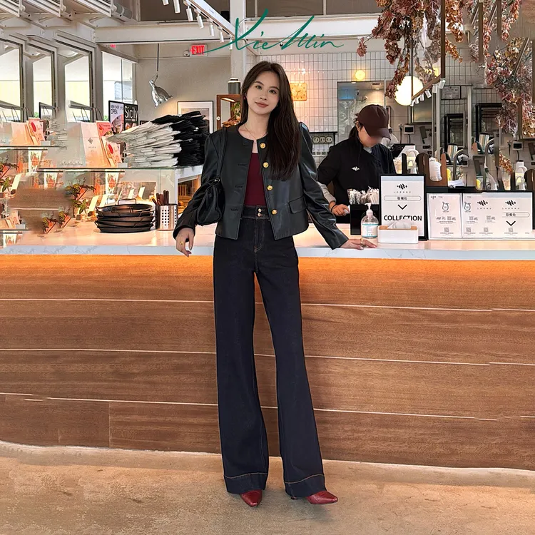 谢敏加绒牛仔裤女老钱风原色丹宁直筒喇叭特深蓝牛仔抖音双11好物