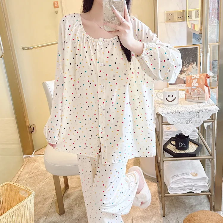 新款睡衣女长袖长裤春秋季棉绸甜美套装韩版时尚可外穿大码家居服