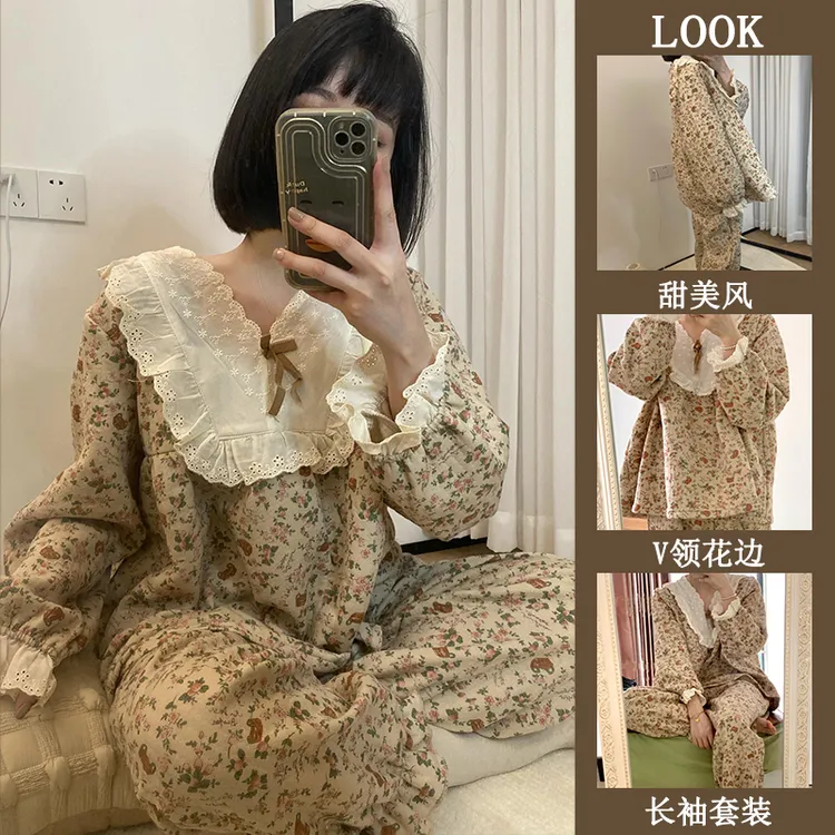 秋冬季长袖睡衣女新款甜美韩版宽松V领蝴蝶结花边加厚家居服套装