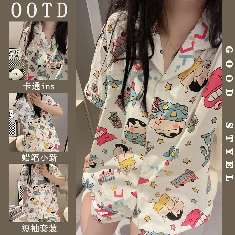 卡通蜡笔小新短袖睡衣女夏季甜美风韩版学生薄款家居服可外穿套装