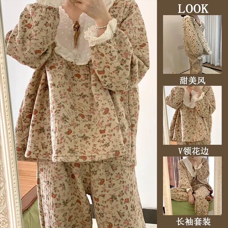 秋冬季长袖睡衣女新款甜美韩版宽松V领蝴蝶结花边加厚家居服套装