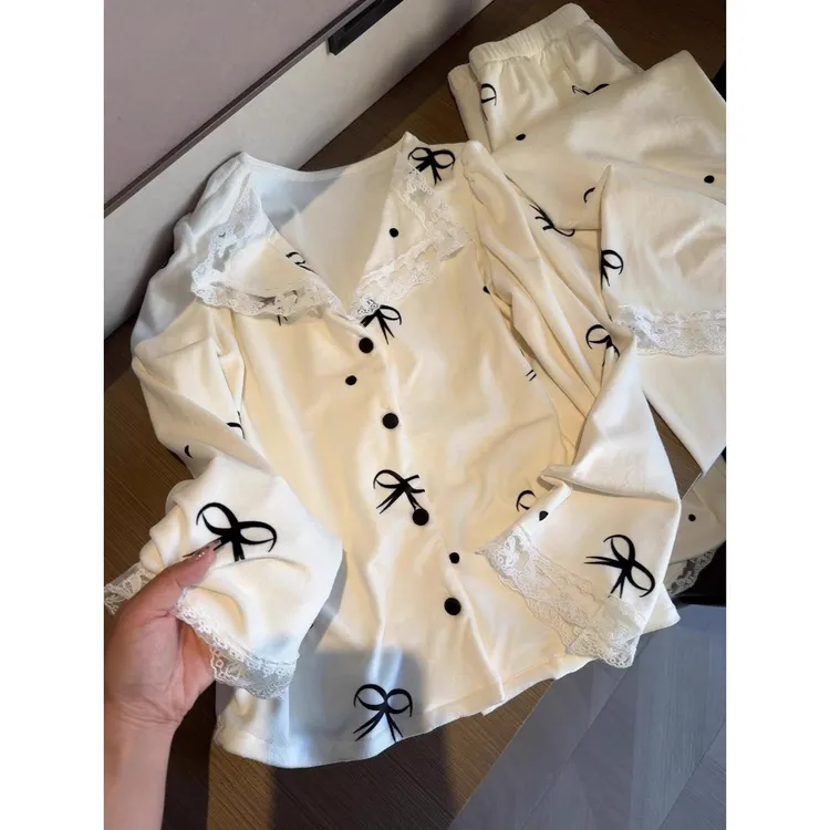 韩版公主风蝴蝶结海岛绒睡衣女秋冬季新款加厚蕾丝花边家居服套装