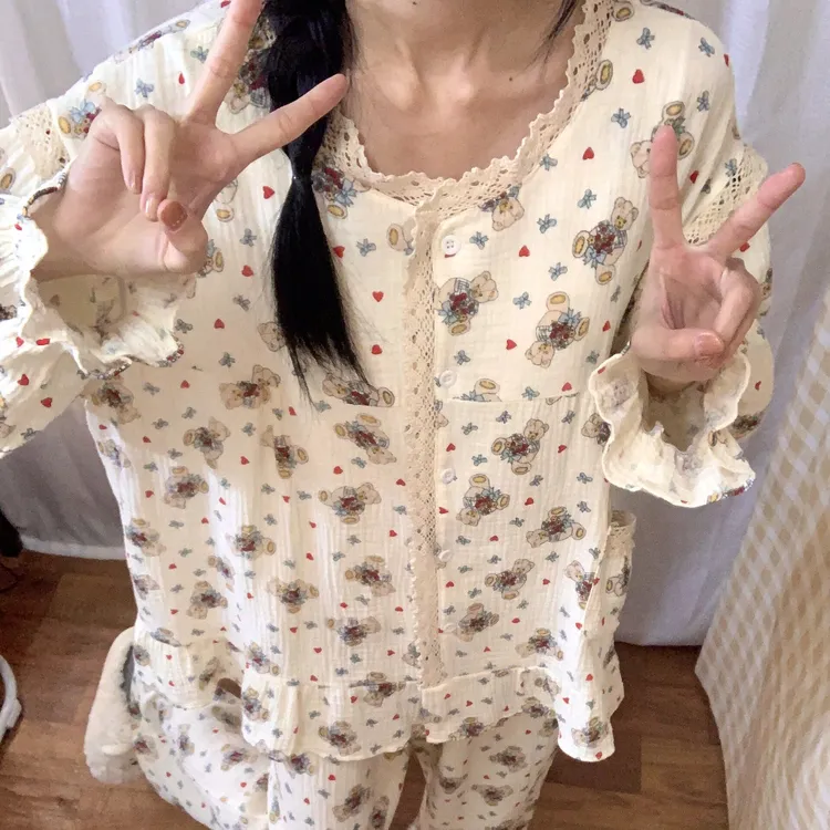 韩系甜美少女小熊印花棉纱睡衣女春秋新款宽松休闲百搭家居服套装