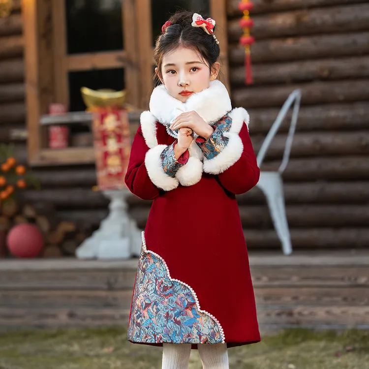 女童旗袍红色汉服连衣裙中国风中大童加厚冬季唐装儿童古风拜年服