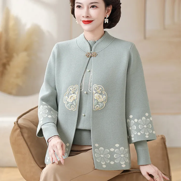 正品妈妈装新款国风中式两件套针织中老年女春秋毛衣开衫外套女装