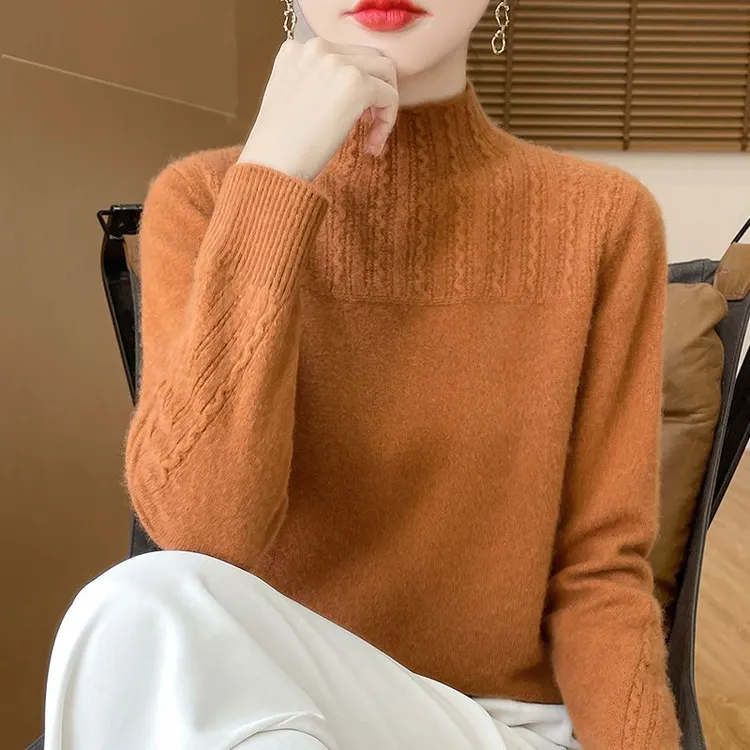 纯100羊绒衫女半高领高级复古扭花冬季新款时尚百搭爆款针织毛衣