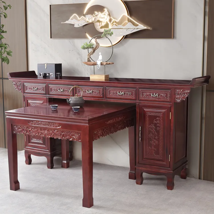 香樟木中堂六件套中式雕花家用全实木香案桌农村堂屋供桌佛台家用