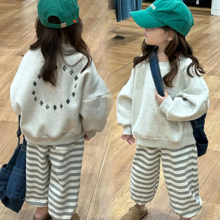 韩国童装儿童洋气休闲卫衣套装2025秋冬女童套头衫时尚条纹裤子潮