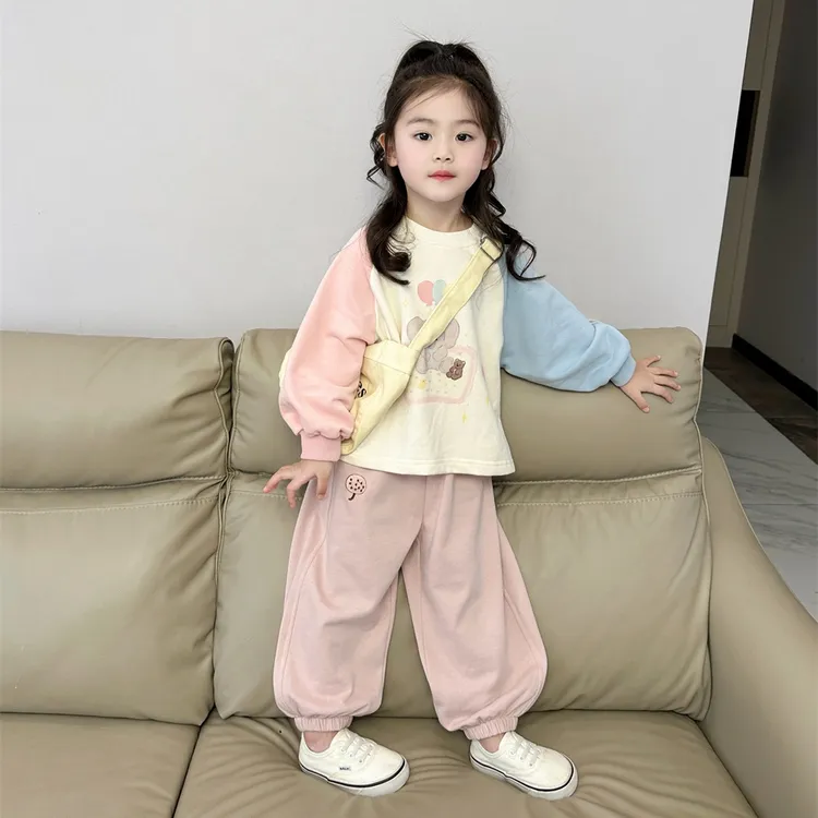 韩国童装女童春秋套装秋季洋气甜美可爱小童撞色两件套肩袖卫衣潮