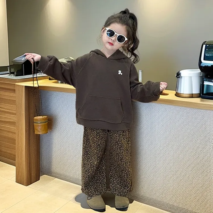 童装女宝宝卫衣两件套2025春秋女童连帽上衣儿童豹纹休闲裤子套装