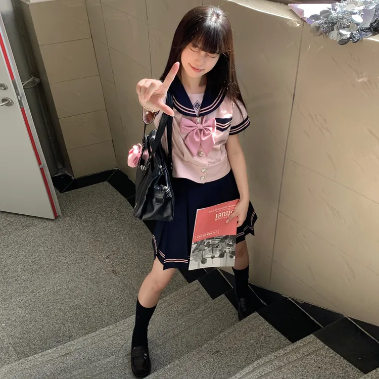 空栗鼠丸【樱川高】夏季水手服收腰jk制服套装女校供百褶箱褶裙显瘦