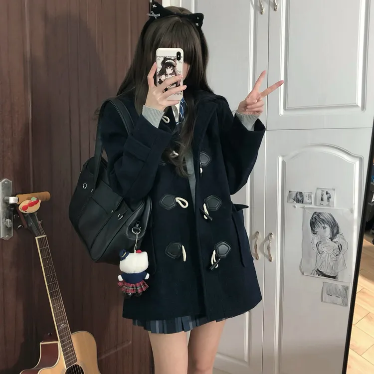 空栗鼠丸【凛冬】毛呢大衣学院风jk制服短款牛角扣绀色大衣jk外套女
