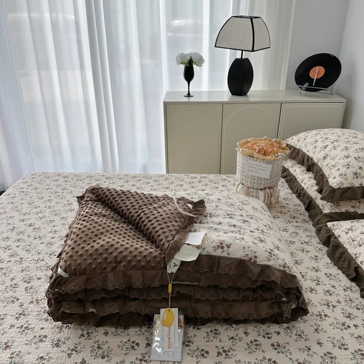 法式纯棉豆豆被床盖四件套可机洗裸睡春秋被加厚夹棉床单盖毯盖被