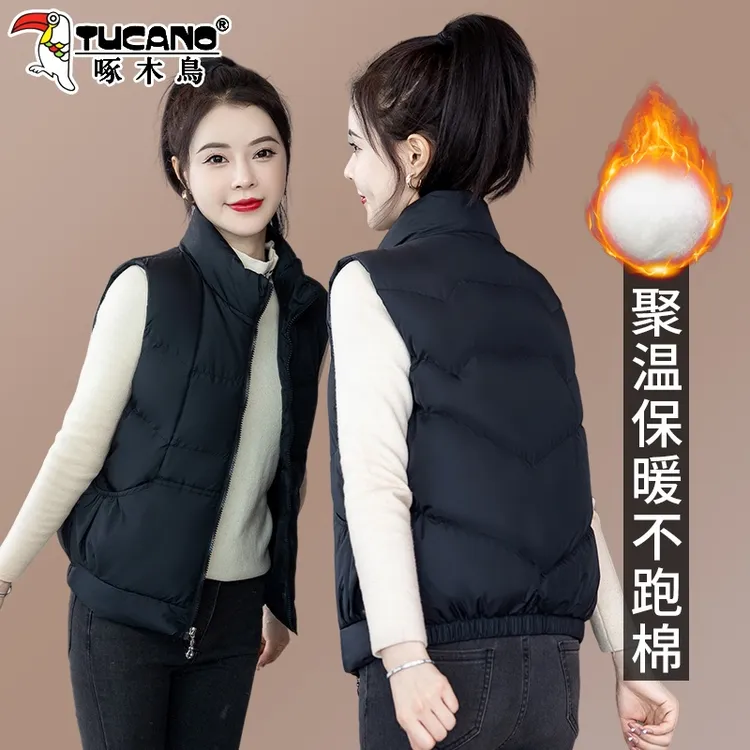 【官方】啄木鸟棉马甲女新款秋冬款外穿背心时尚黑色短款马夹外套