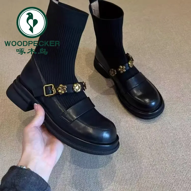 啄木鸟厚底金属扣弹力短靴复古学院风针织瘦瘦靴女百搭乐福袜靴