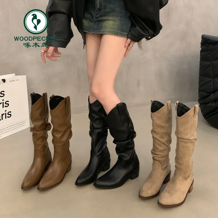 啄木鸟复古棕色V口堆堆长靴女鞋2024秋冬尖头西部牛仔长筒靴子