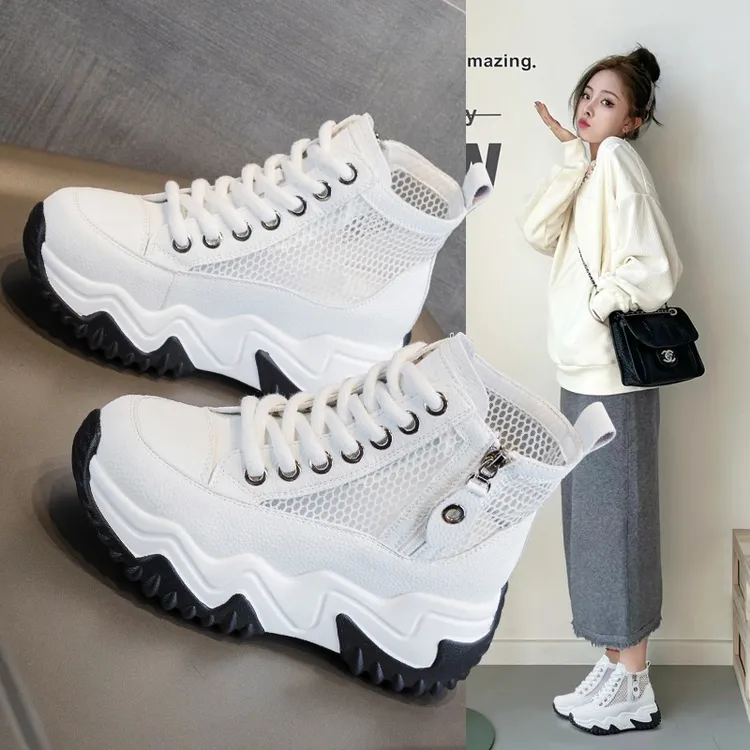 高帮内增高女鞋8CM厚底坡跟小短靴休闲网纱透气新款真皮网面女靴