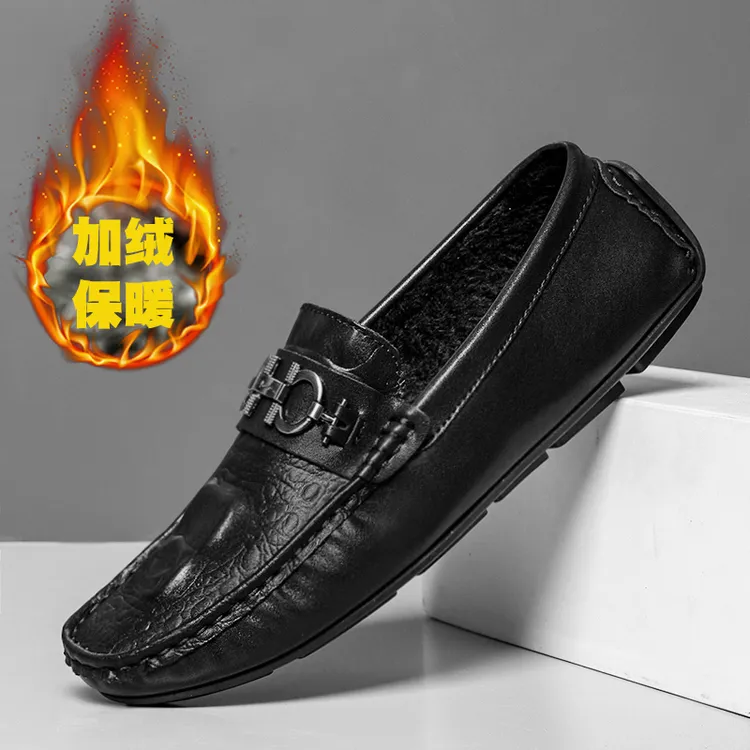 冬季新款加绒男豆豆鞋保暖休闲皮鞋一脚蹬棉鞋加棉平底鞋舒适时尚