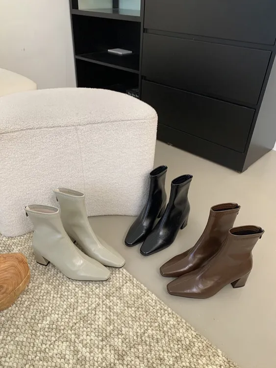 法式方头短靴秋冬新款靴子粗跟后拉链瘦瘦靴气质百搭马丁靴233-1